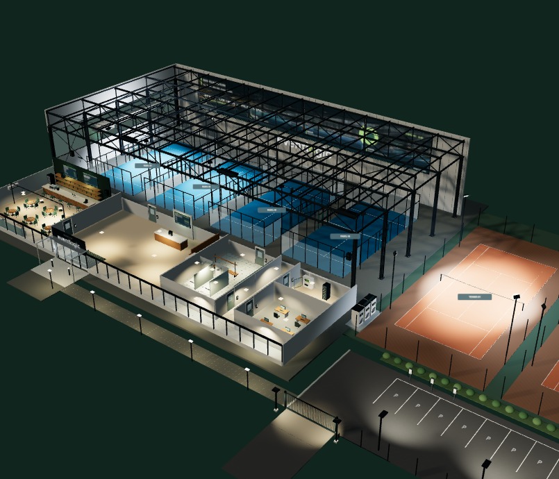 De interactieve 3D-club met padelhal, clubhuis en buitenbanen