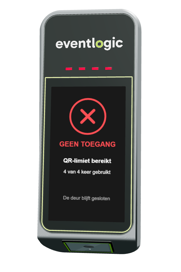 SmartClub Entry: GEEN TOEGANG. QR-limiet bereikt. 4 van 4 keer gebruikt. De deur blijft gesloten.
