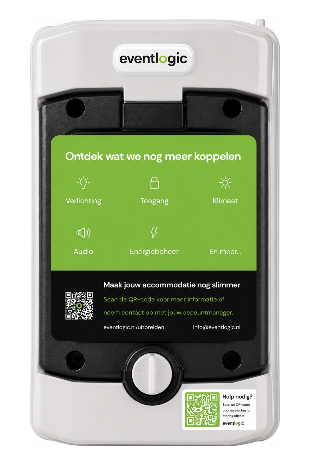 Gesloten Eventlogic-installatiekast met het Eventlogic-logo en een sticker met QR-code voor hulp