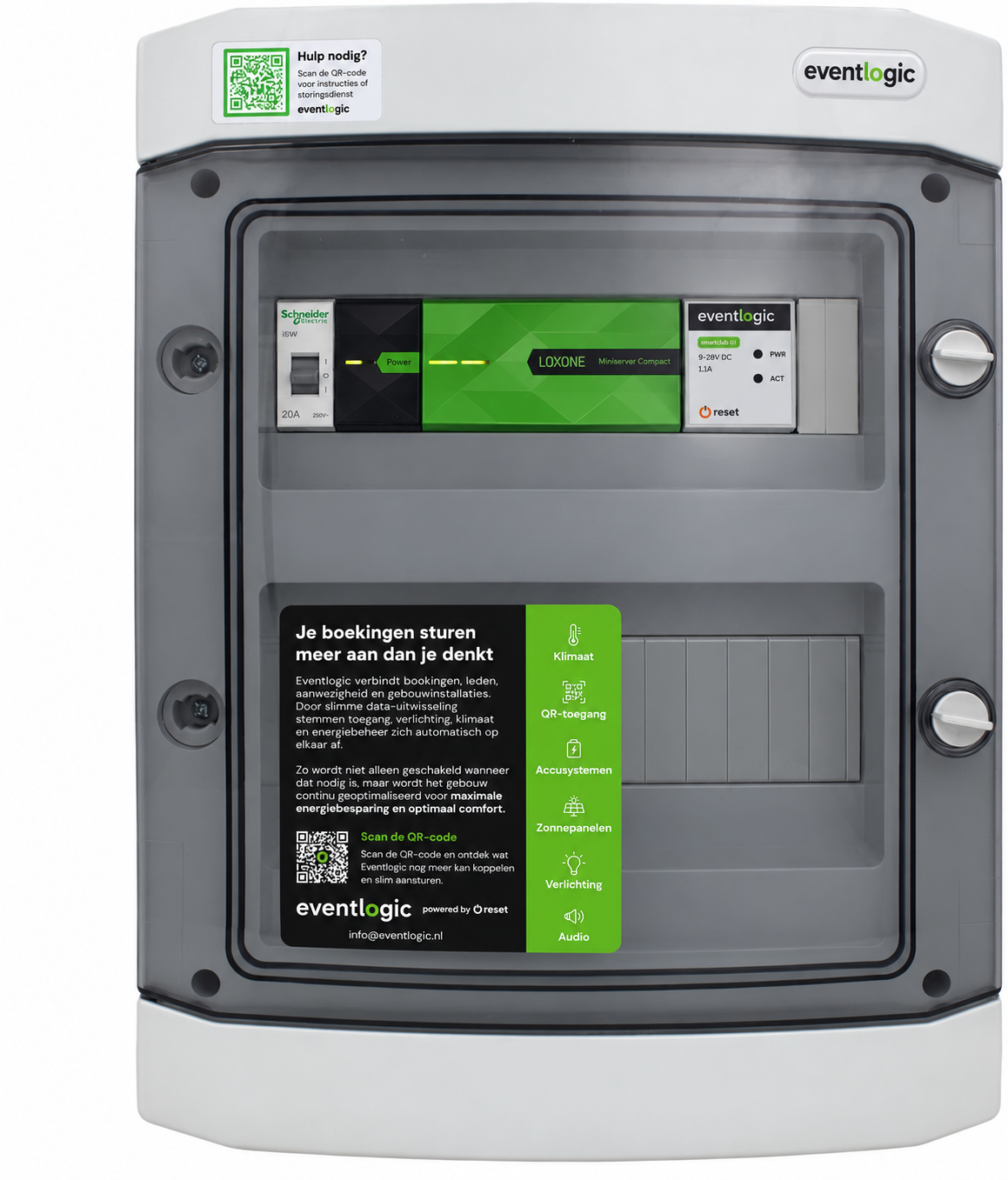 Installatiekast van het Startpakket Lichtmanagement met Schneider-automaat, Loxone Miniserver Compact en SmartClub G1