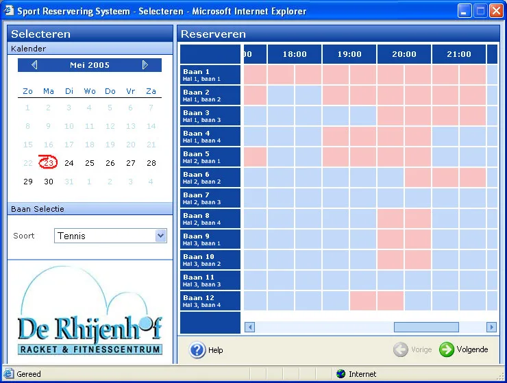 Online reserveren bij De Rhijenhof in Internet Explorer, mei 2005